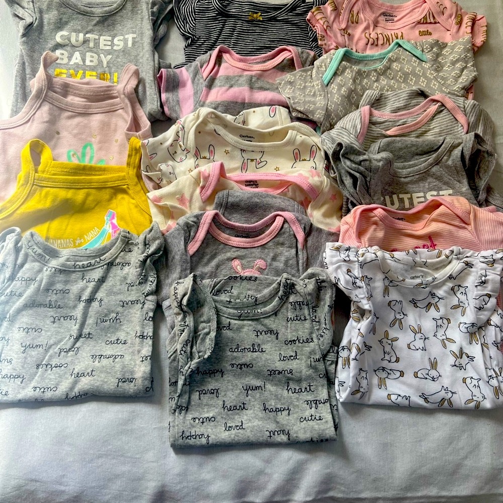 22 Carter's Baby One Pieces - Gray, Pink, Yellow and Brand include Gerber